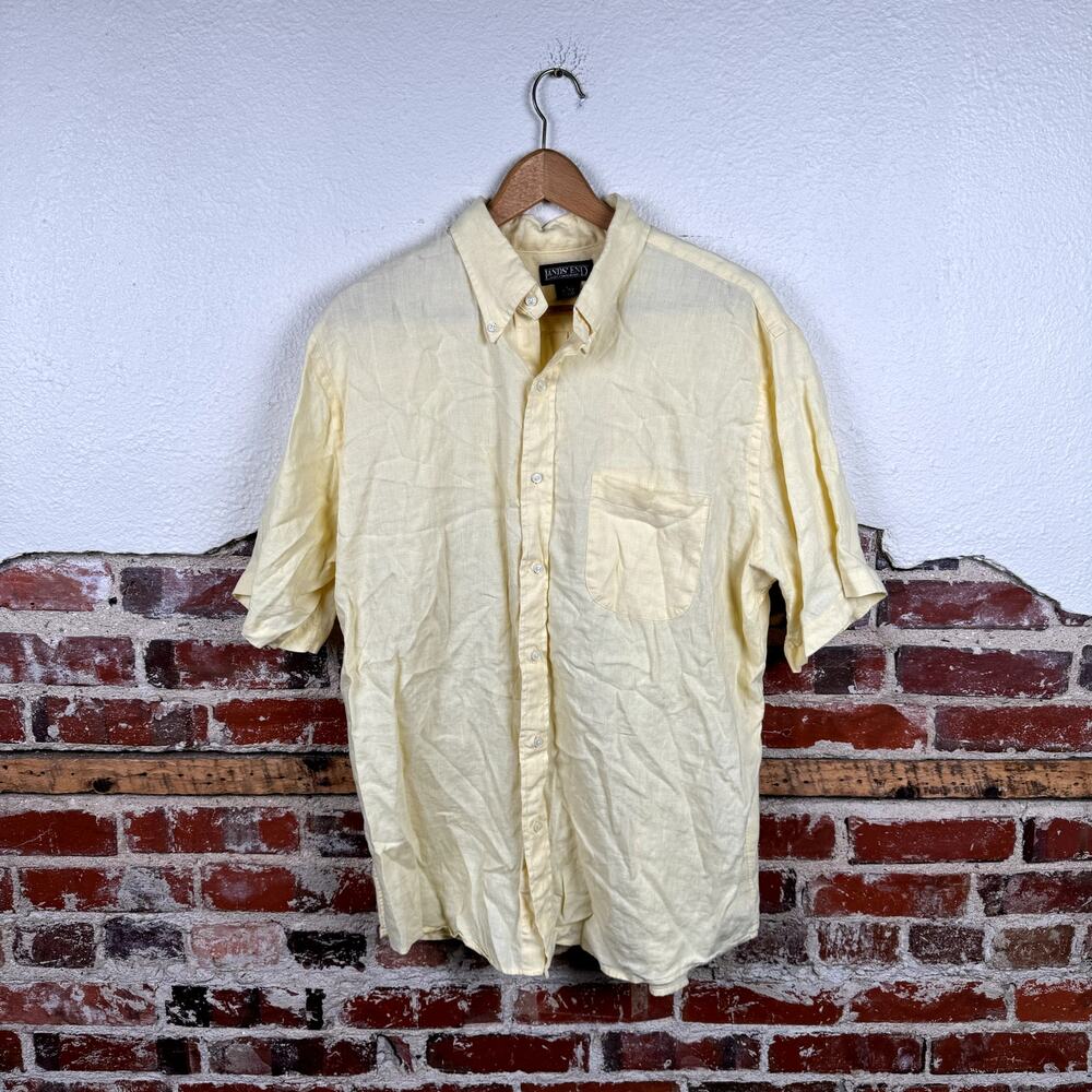 Vintage Lands End Shirt Sz Large Yellow Linen Short Sleeve Button Up Classic 90s